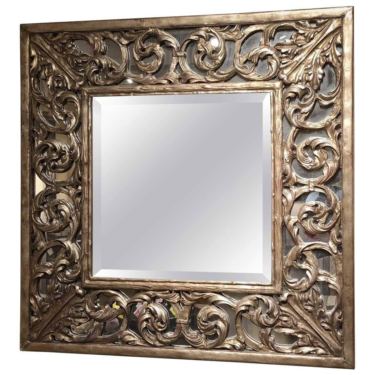 New Carved Frame Square Mirror with Transitional Champaign Finish & Bevel Glass In Excellent Condition For Sale In North Salem, NY