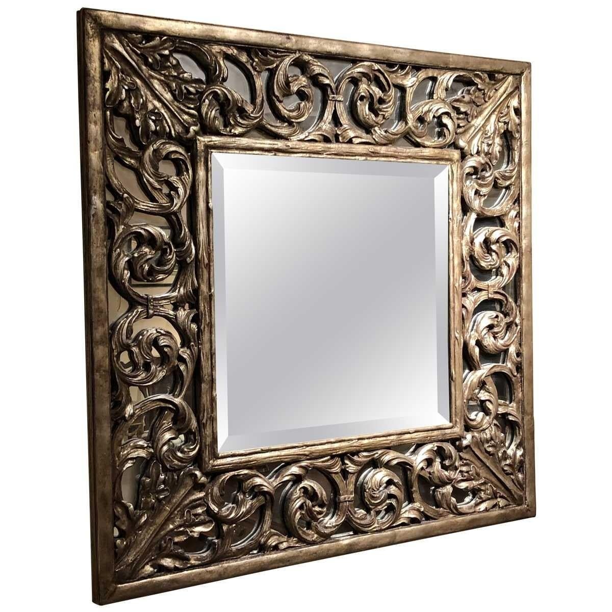Wood New Carved Frame Square Mirror with Transitional Champaign Finish & Bevel Glass For Sale