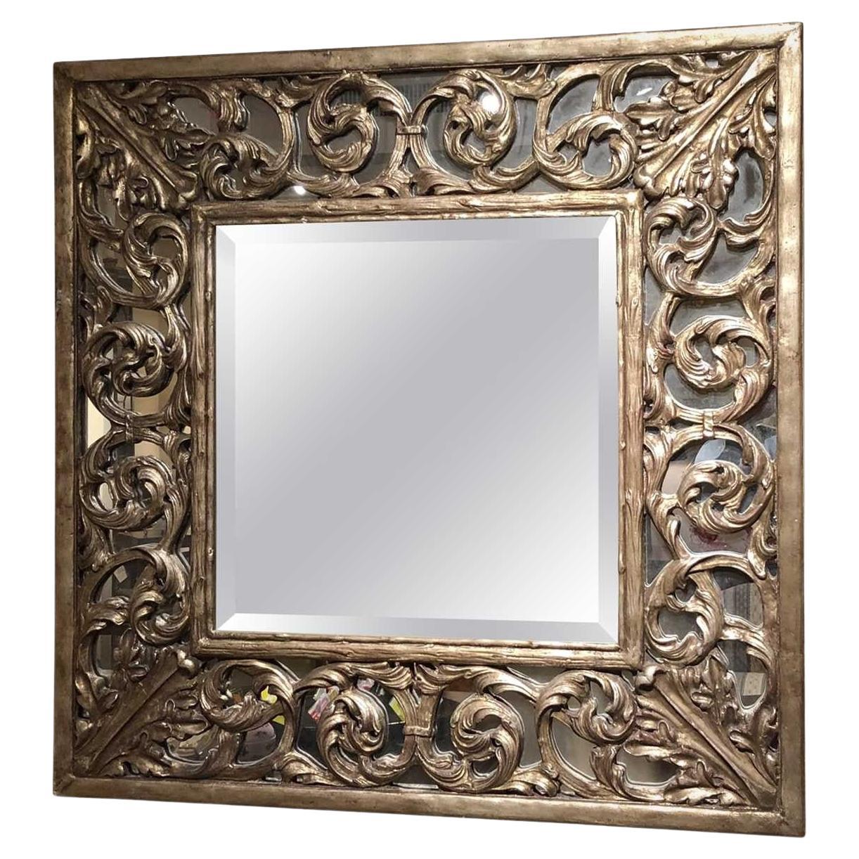 New Carved Frame Square Mirror with Transitional Champaign Finish & Bevel Glass For Sale