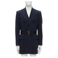 nuovo CARVEN cappotto doppiopetto in cotone navy con cintura IT48 M