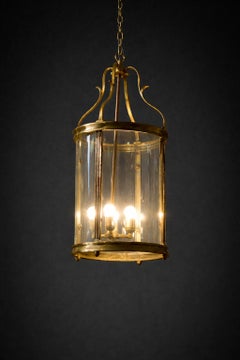 New Cast Bronze Cylindrical Lantern Pendant, Maison Bagues Style, Curved Glass