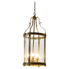New Cast Bronze Cylindrical Lantern Pendant, Maison Bagues Style, Curved Glass