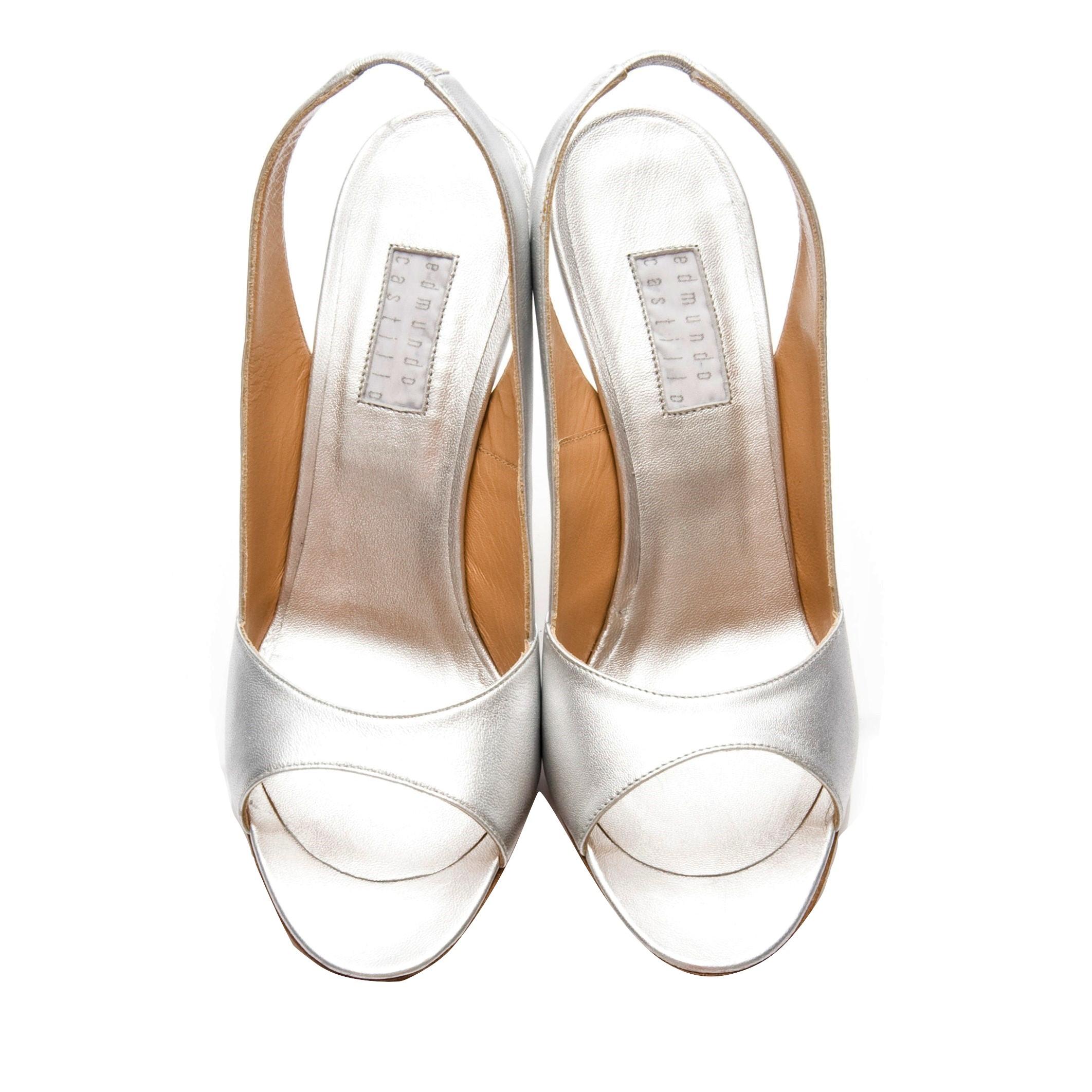 Women's New Edmundo Castillo Metallic Silver Soft Napa Leather Sling Heels Sz 6.5