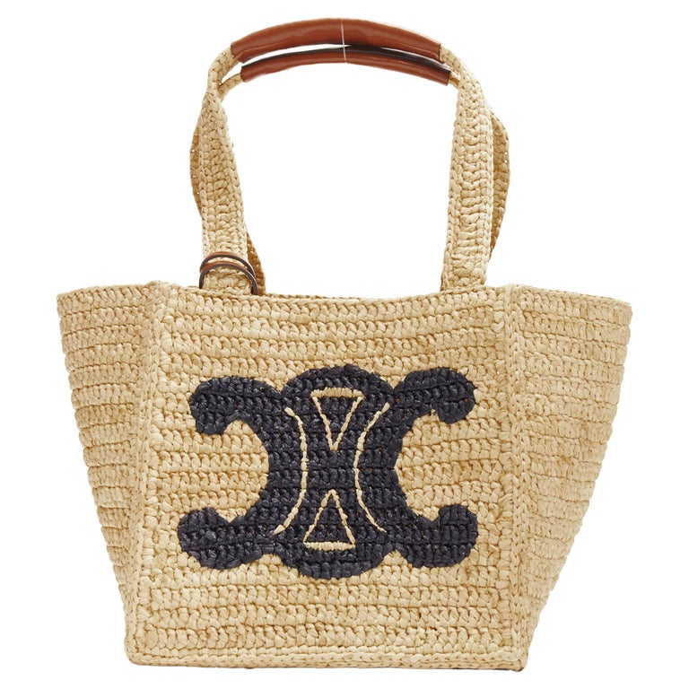 new CELINE 2022 Cube Triomphe logo beige raffia leather top handle tote at  1stDibs
