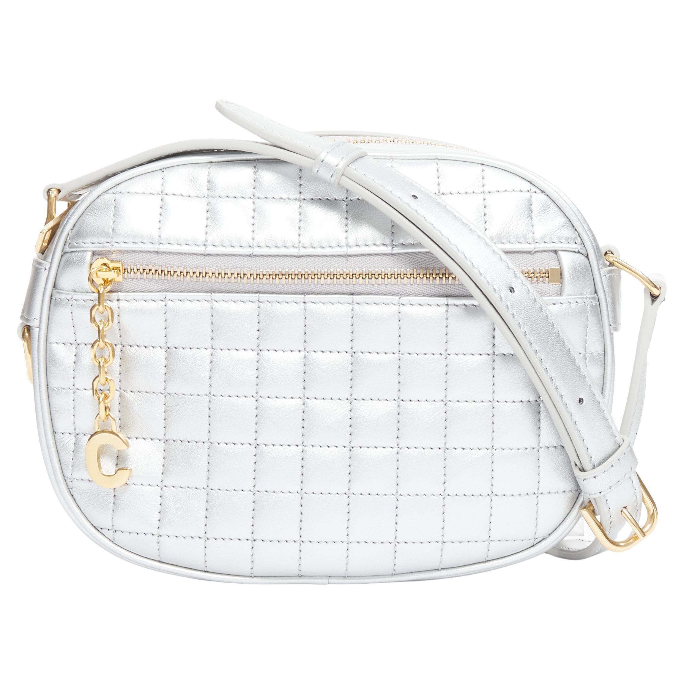 new CELINE Hedi Slimane 2019 C Charm silver checked quilted crossbody  camera bag For Sale at 1stDibs