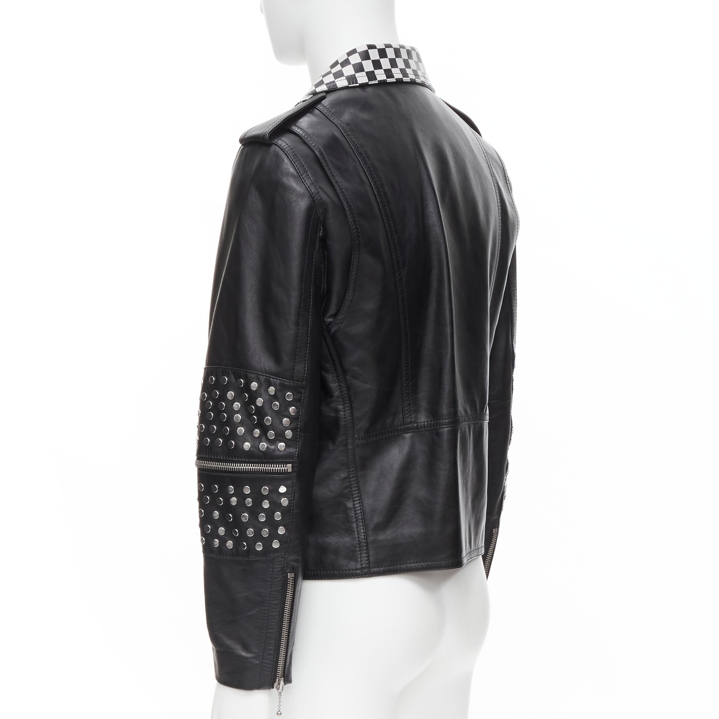 Black new CELINE Hedi Slimane 2019 Runway black checkered studed biker jacket EU52 XL