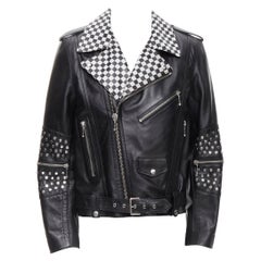 new CELINE Hedi Slimane 2019 Runway black checkered studed biker jacket EU52 XL