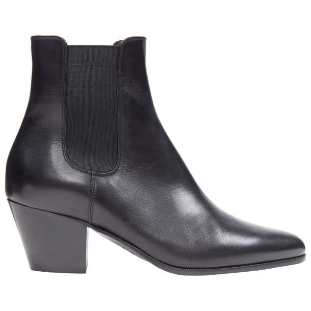 new CELINE HEDI SLIMANE black leather almond toe cuban heel ankle boot ...