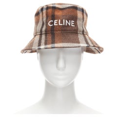 new CELINE Hedi Slimane brown check wool felt logo embroidery bucket hat M 57cm