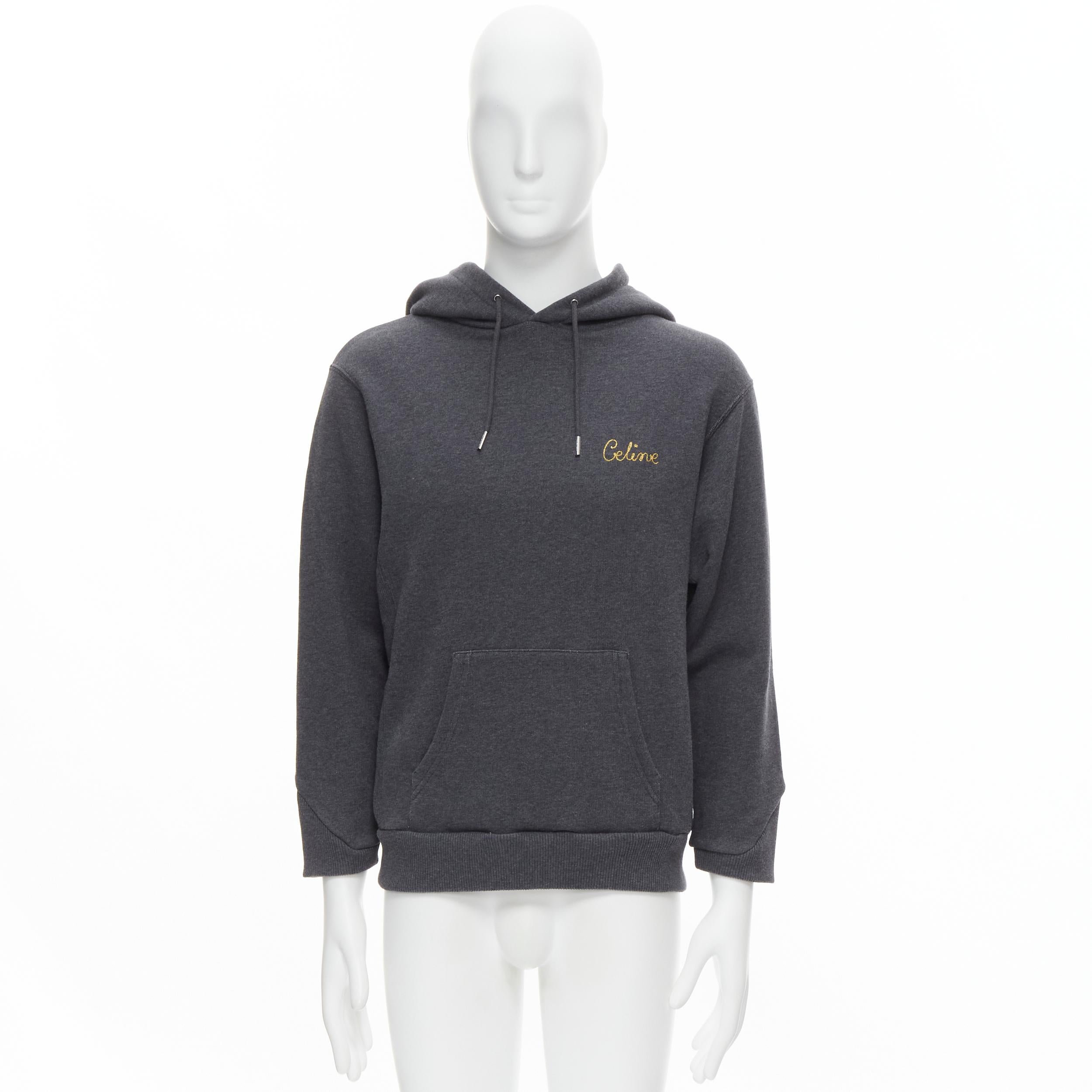 new CELINE Hedi Slimane dark grey cotton gold logo embroidery hoodie pullover S 3