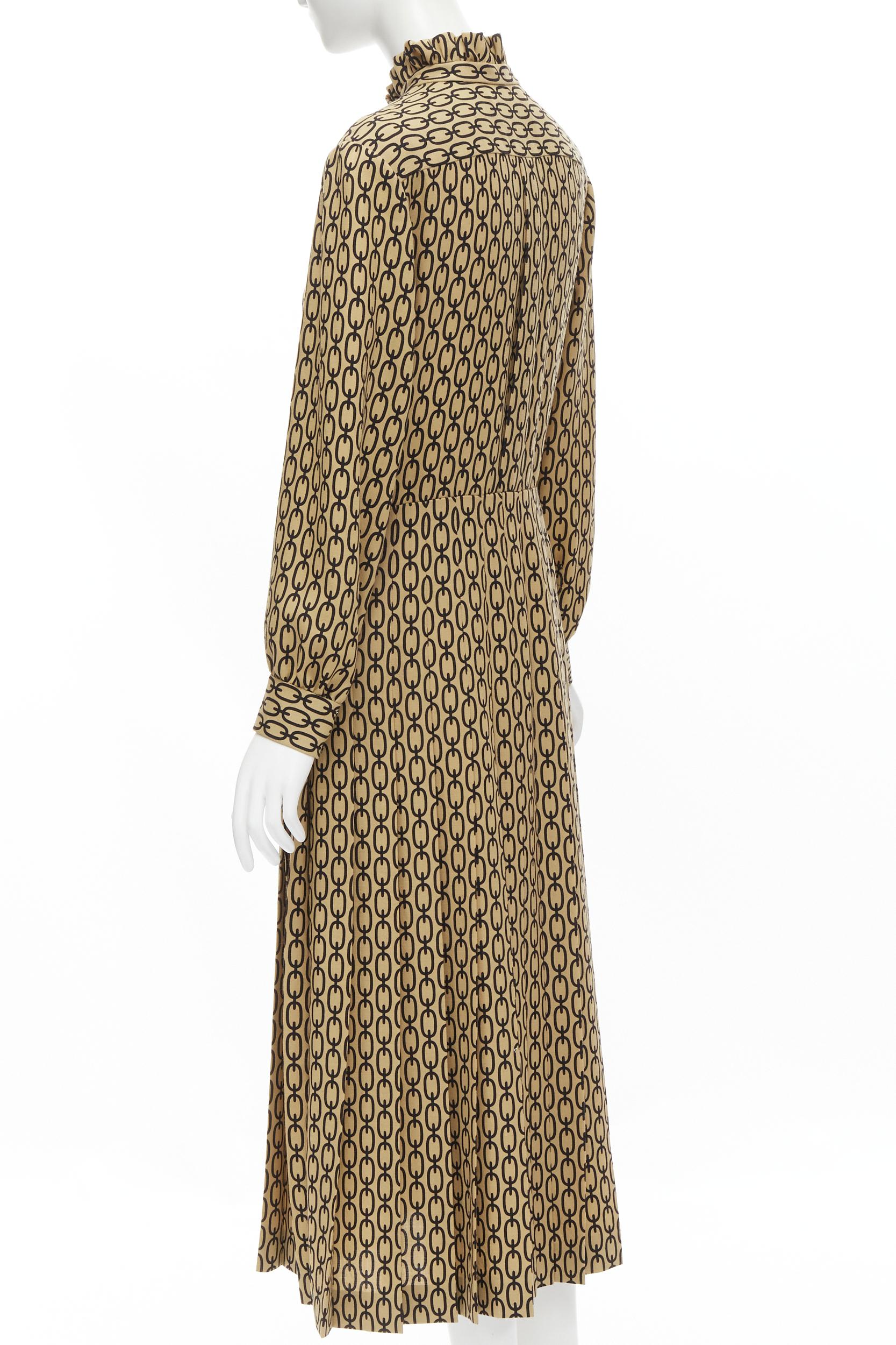 Brown new CELINE Hedi Slimane Triomphe chain print wool twill frill collar pleated  For Sale