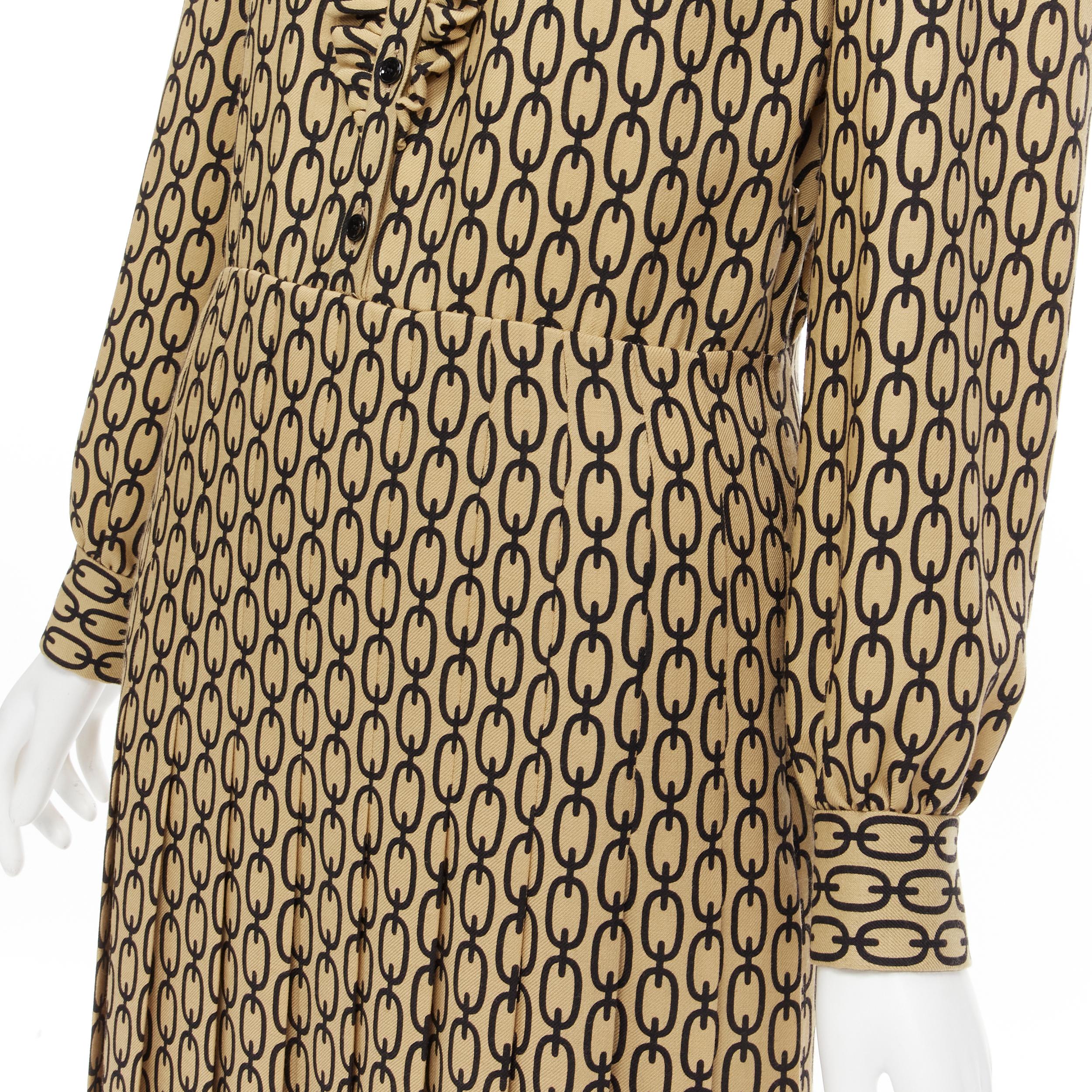 new CELINE Hedi Slimane Triomphe chain print wool twill frill collar pleated  In New Condition For Sale In Hong Kong, NT