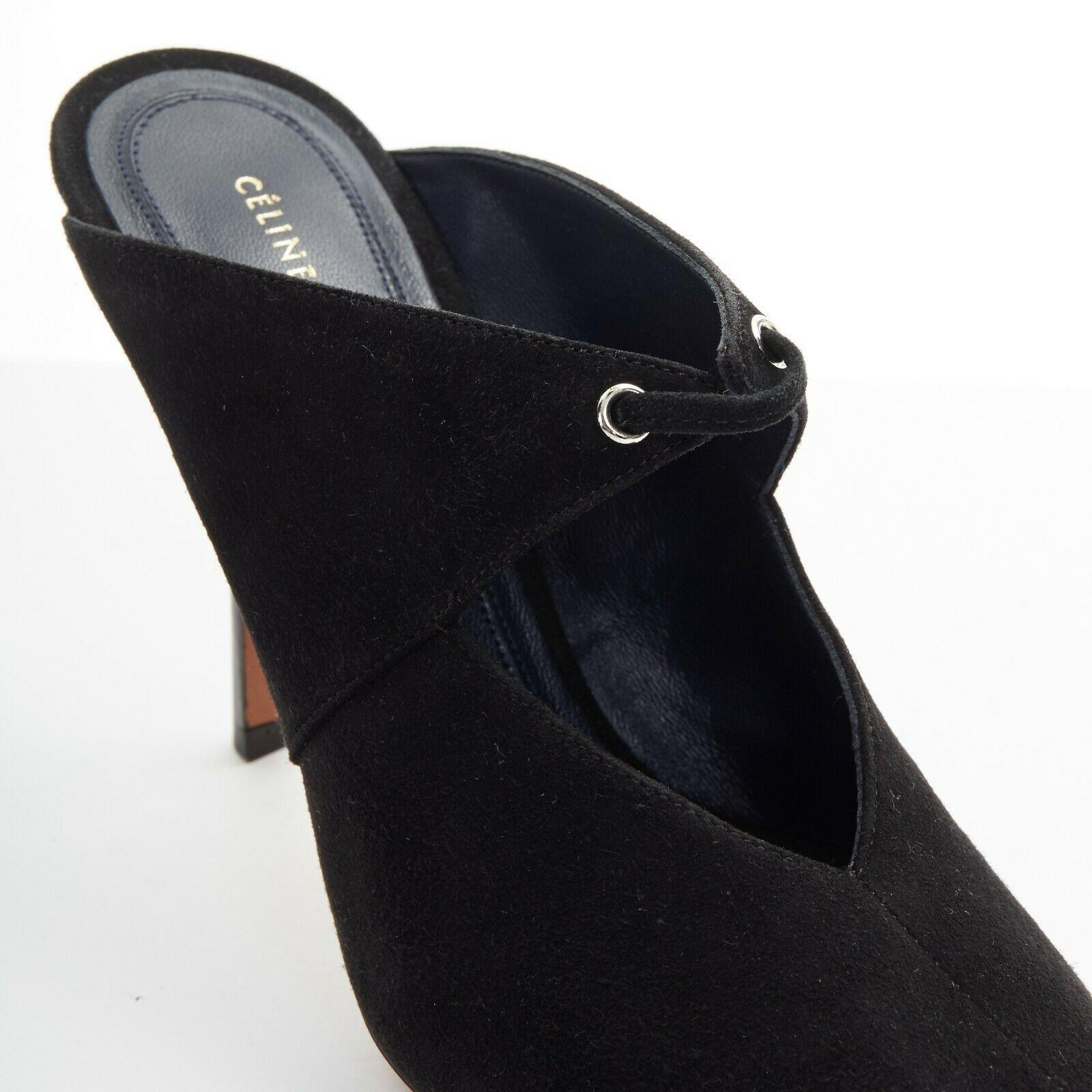 Women's new CELINE PHILO Babouche on Heel 105 black suede point toe cut out mule EU36