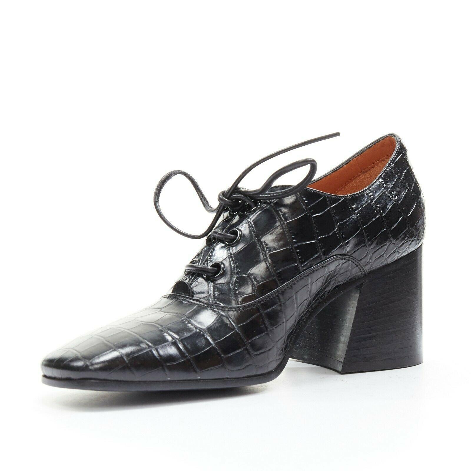 Black new CELINE PHILO black stamped alligator chunky wooden heel oxford booties EU37