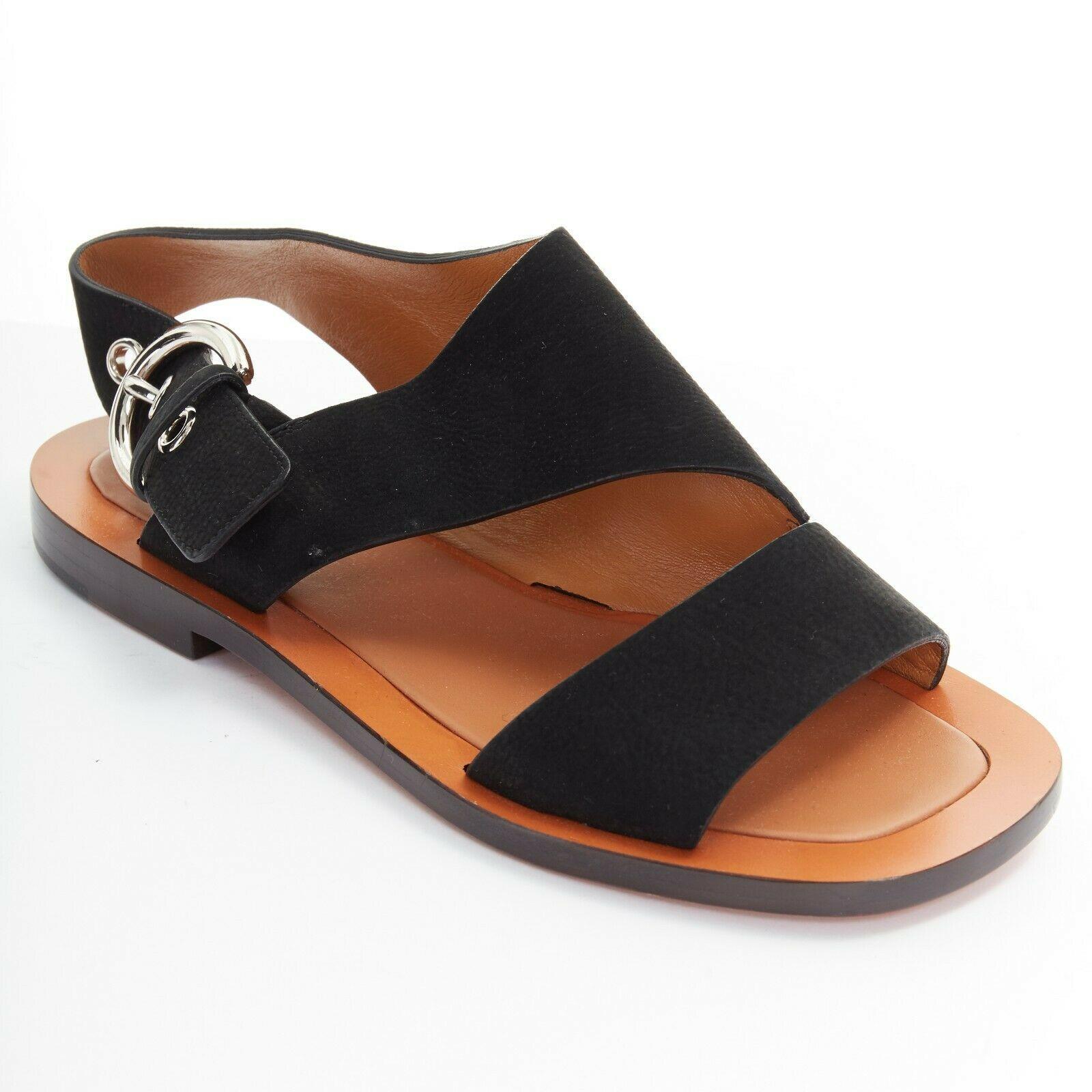 Women's new CELINE PHILO black suede silver buckle sling back flat sandals EU36
