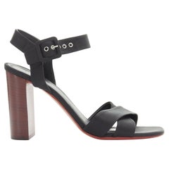 new CELINE PHOEBE PHILO black ribbon ankle strap wooden chunky heel sandal EU37
