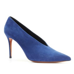 new CELINE PHOEBE PHILO blue suede V-neck vamp pointed toe pump EU39.5