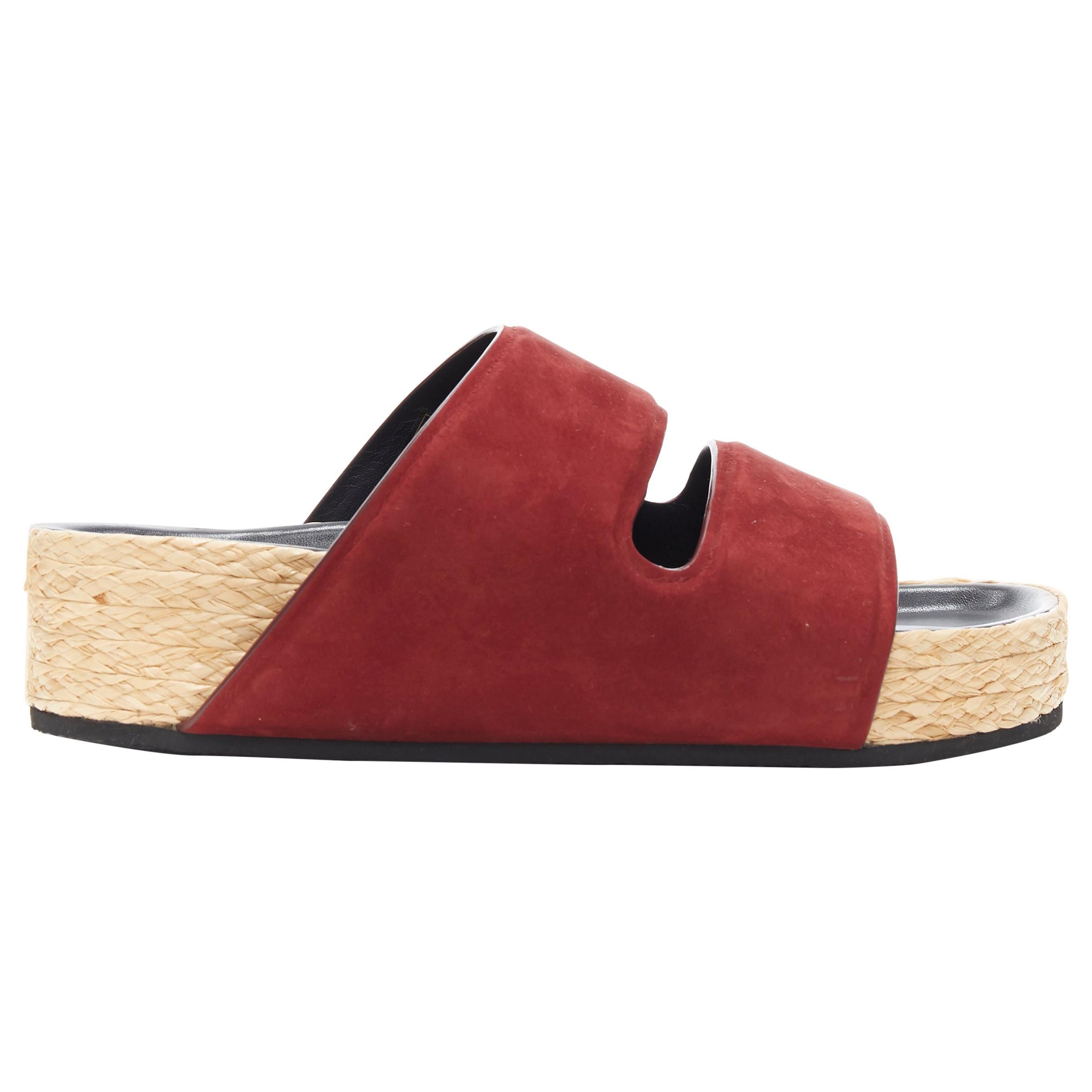 new CELINE PHOEBE PHILO burgundy red suede strap jute sole slides sandals EU38