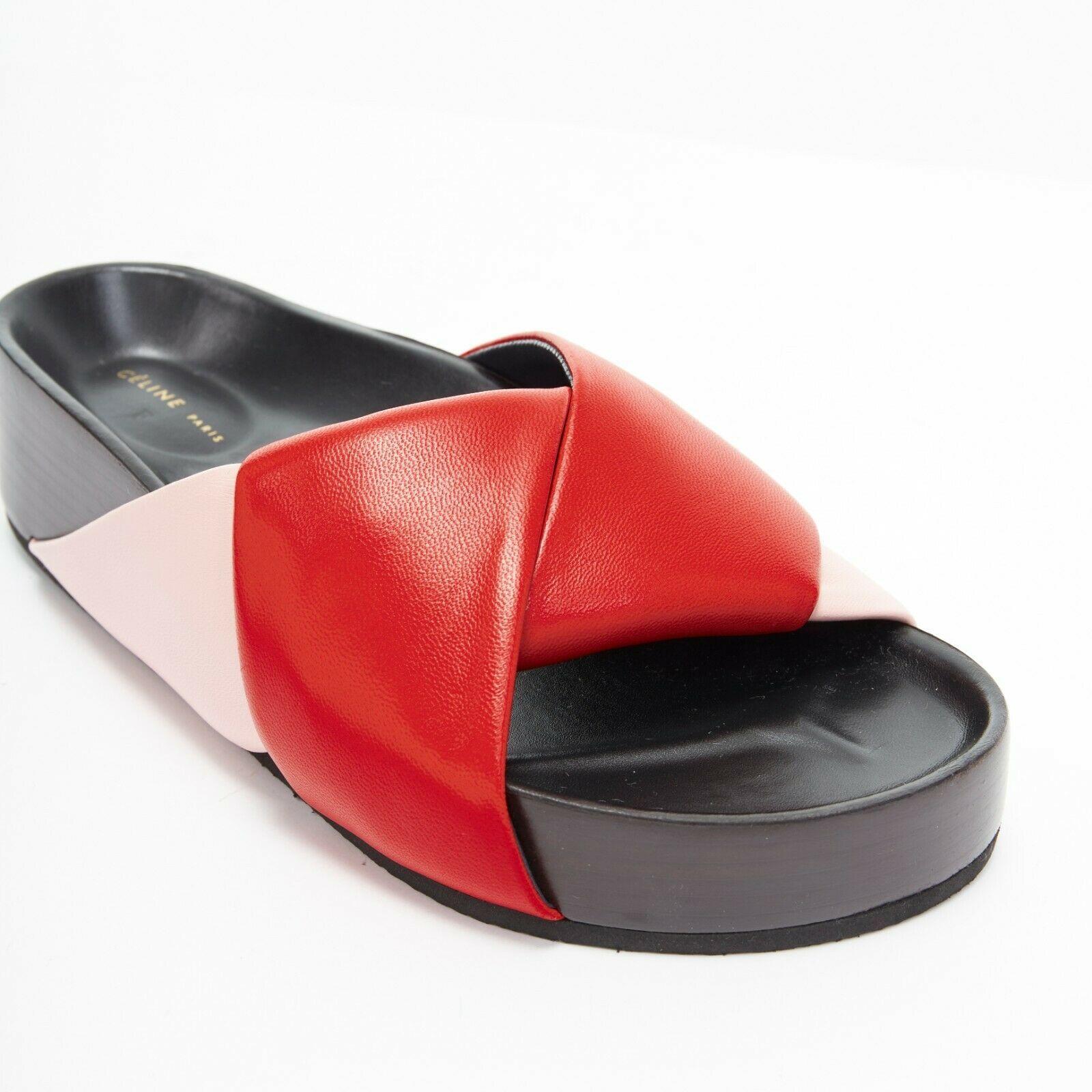 Women's new CELINE PHOEBE PHILO red pink padded leather twist slides sandals EU36