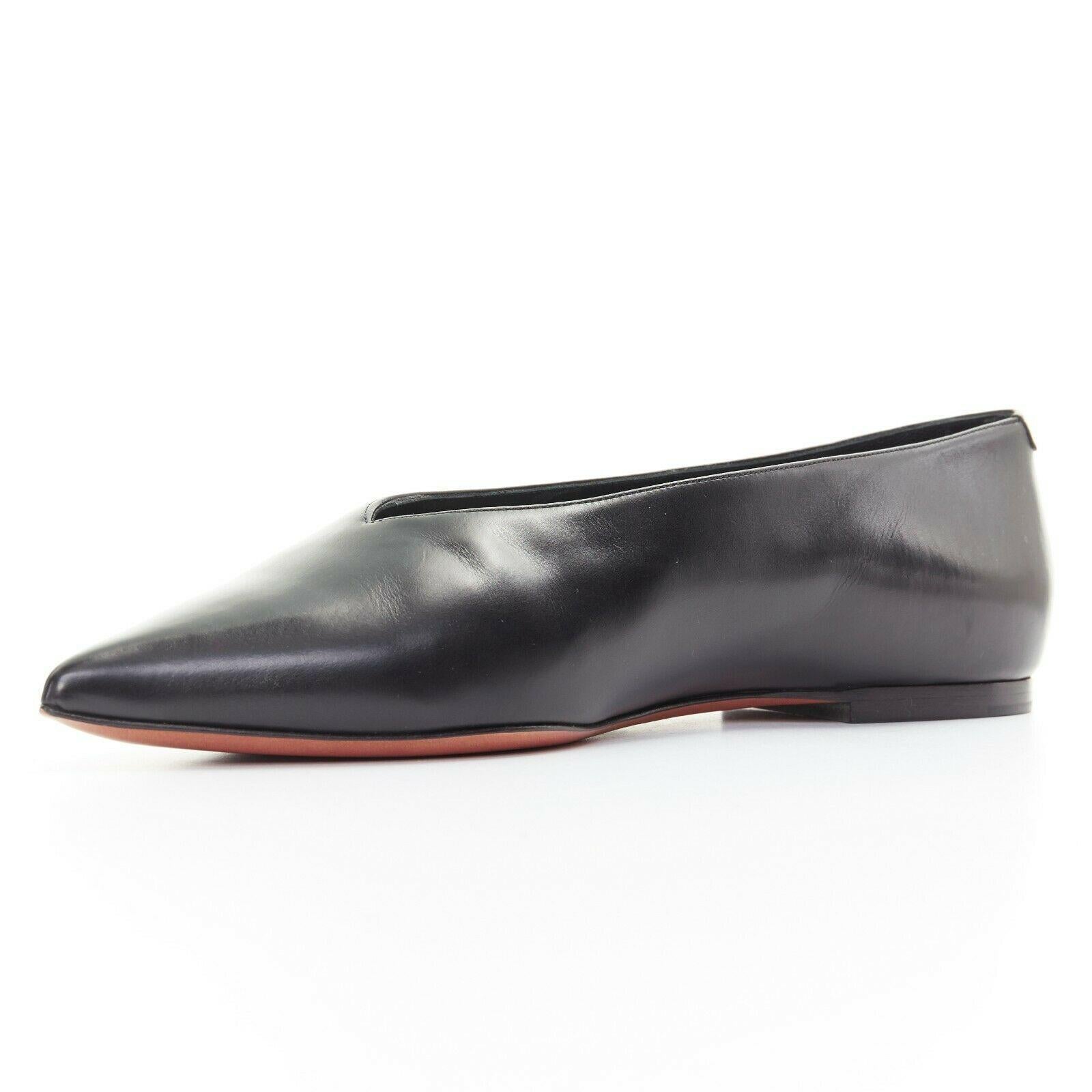 Black new CELINE PHOEBE PHILO V Neck black calf leather point toe slip on flats EU38