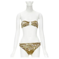 new CELINE Vintage green  yellow swirl psychedelic gold ring 2-pc bikini FR34 XS