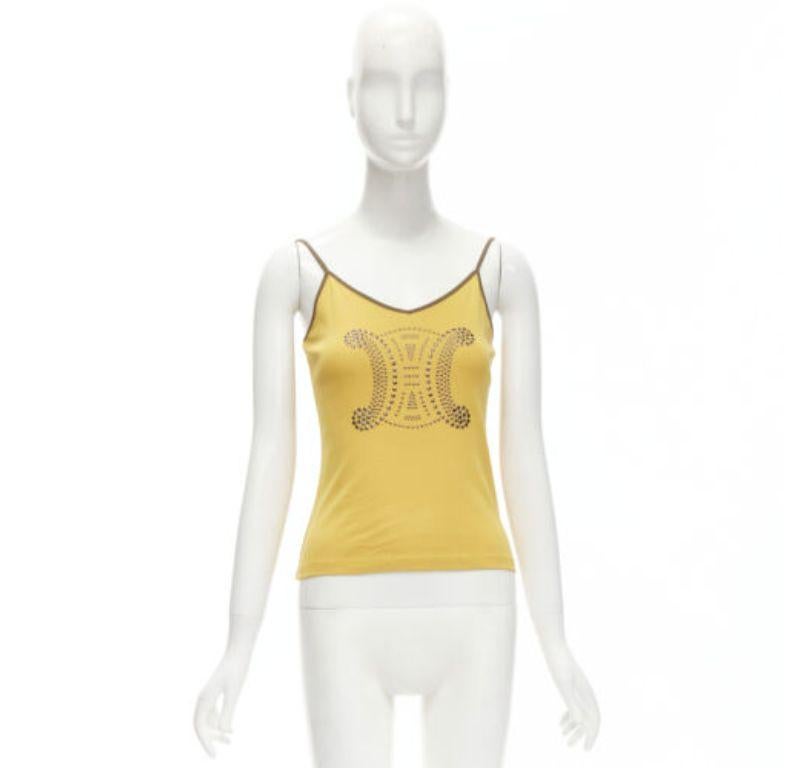 new CELINE Vintage Y2K yellow Triomphe logo studded cami tank top M For Sale 2