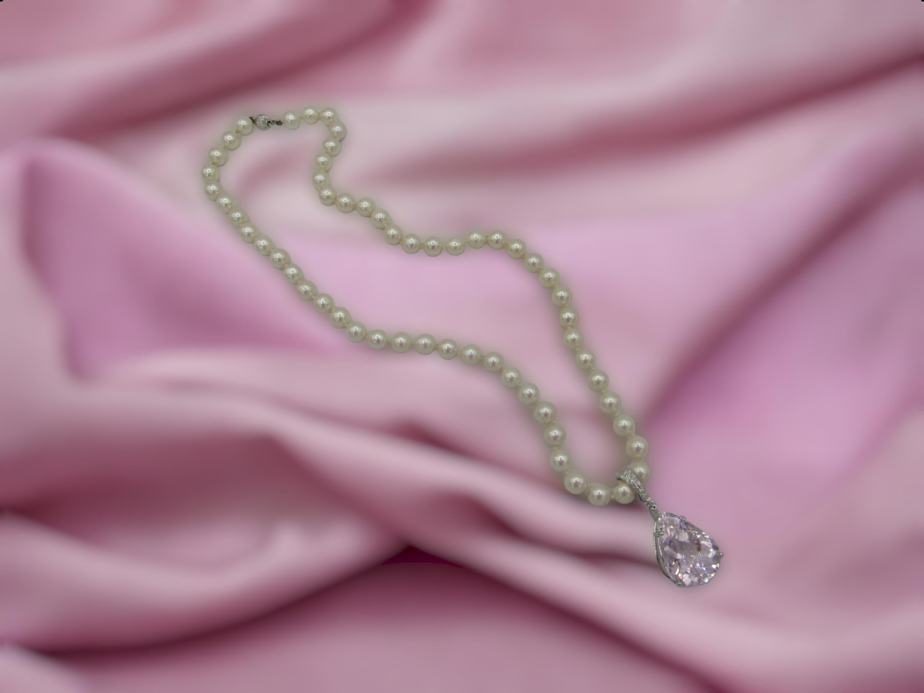 NUEVO CERT Natural 22Ct Pera rosa  Colgante de kunzita en oro blanco de 14 quilates y diamantes en venta 5