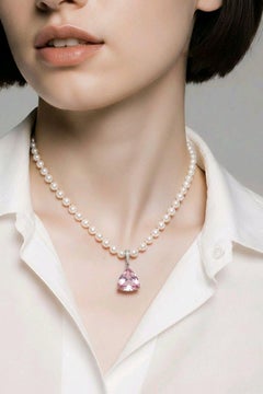 NEW CERT Natural 22Ct Pink Pear  Kunzite Pendant in 14K White Gold and Diamonds