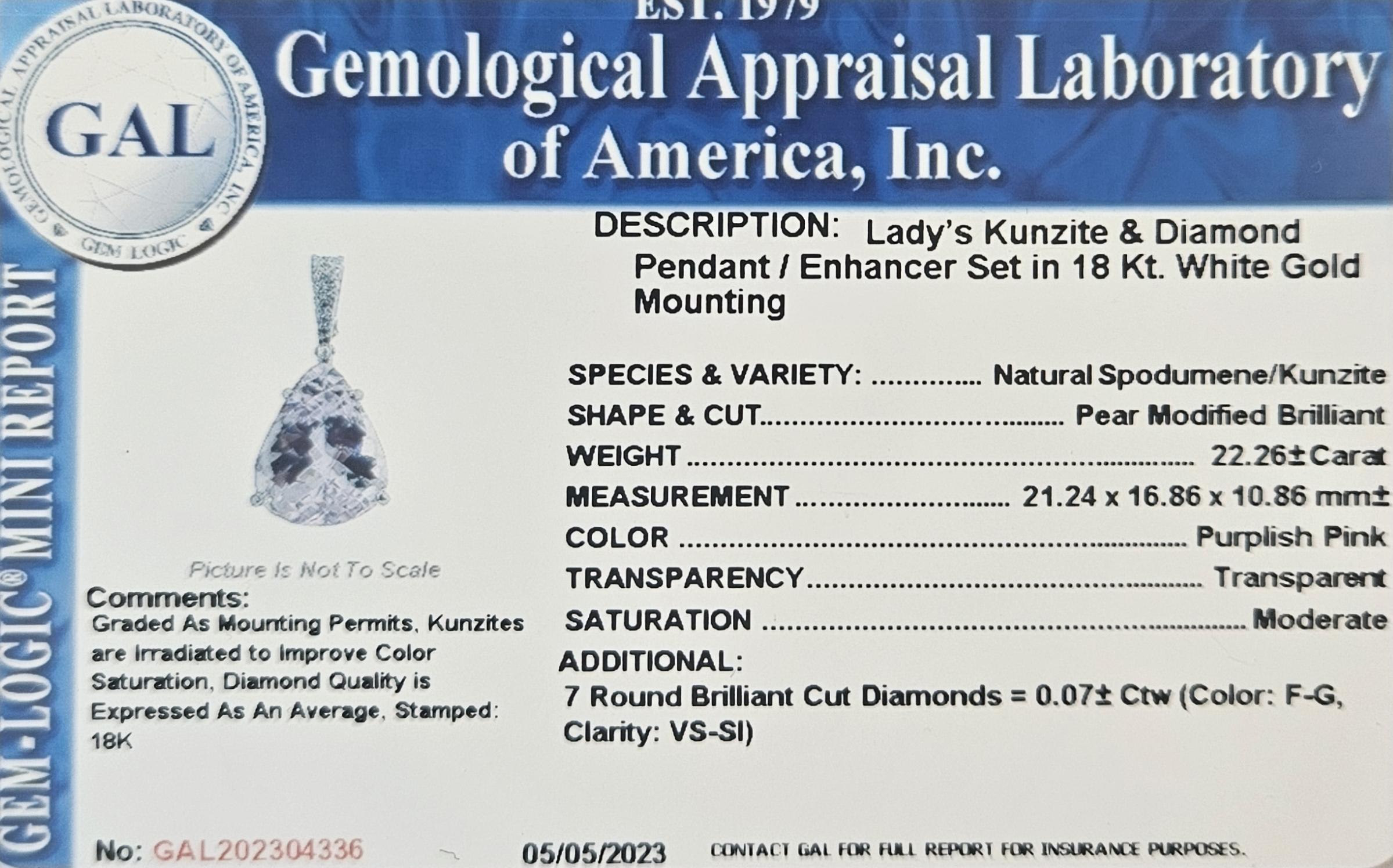 NUEVO CERT Natural 22Ct Pera rosa  Colgante de kunzita en oro blanco de 14 quilates y diamantes en Nuevo estado para la venta en Warren, NJ