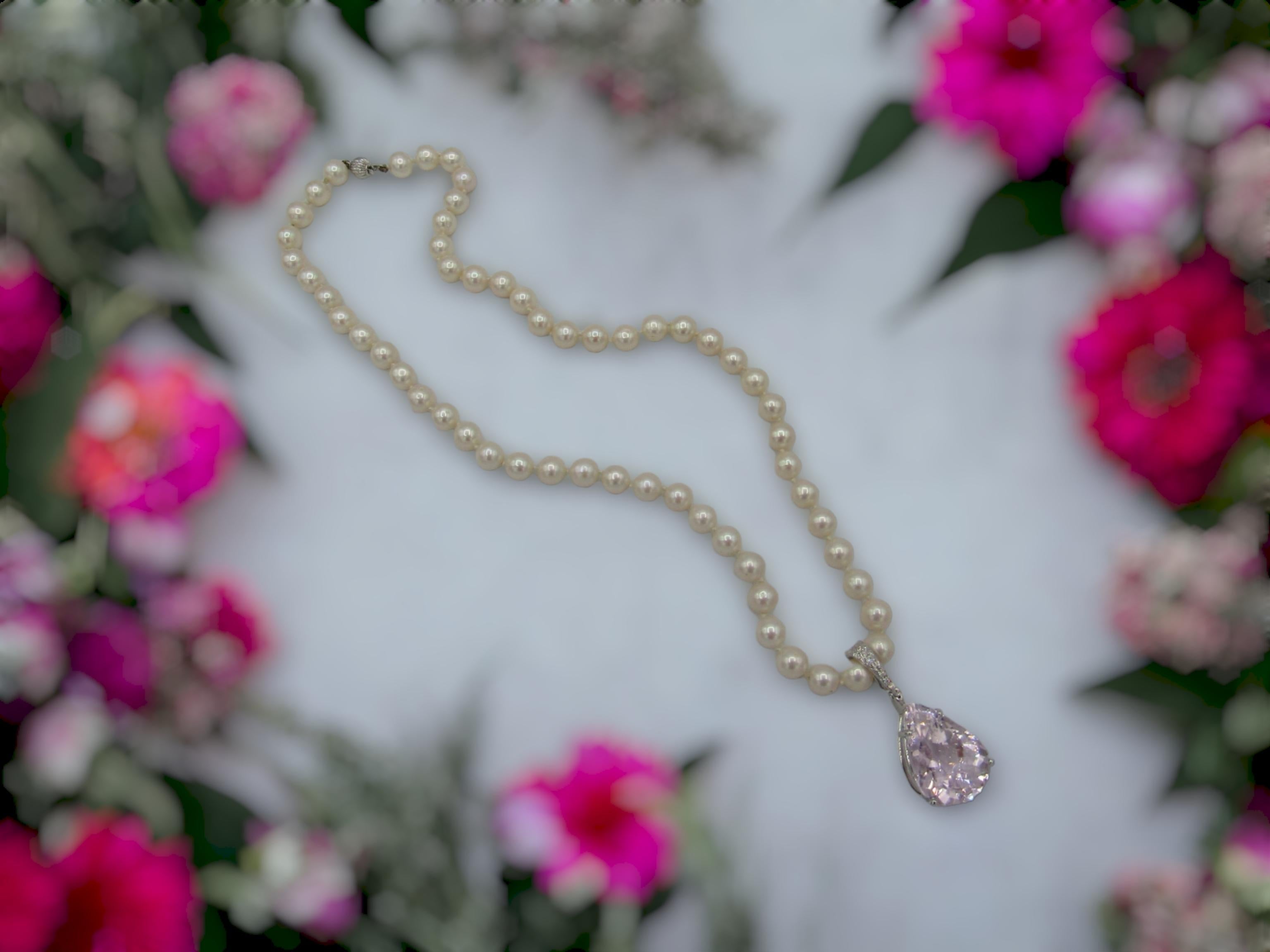 NUEVO CERT Natural 22Ct Pera rosa  Colgante de kunzita en oro blanco de 14 quilates y diamantes en venta 3