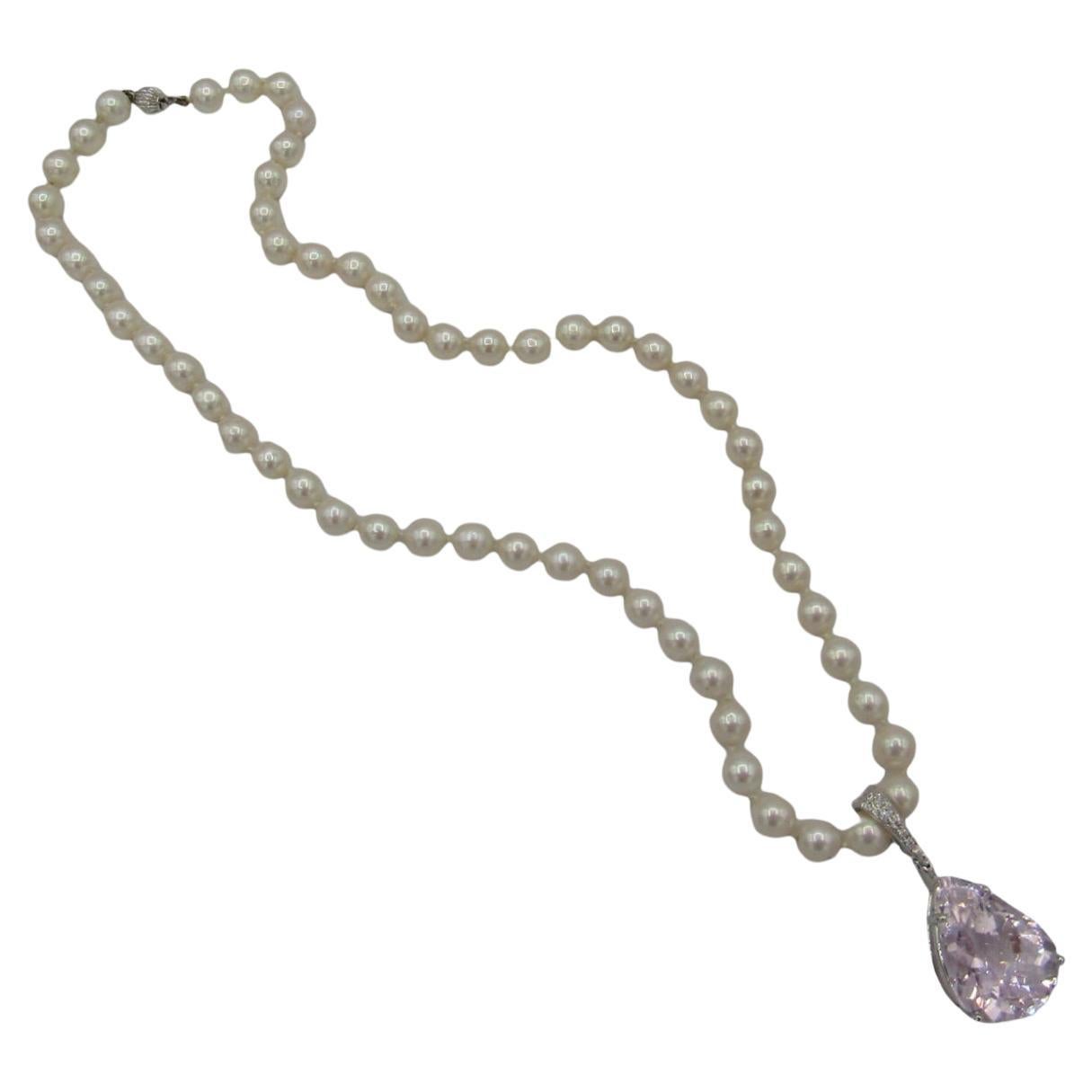 NEW CERT Natural 22Ct Pink Pear  Kunzite Pendant in 14K White Gold and Diamonds For Sale