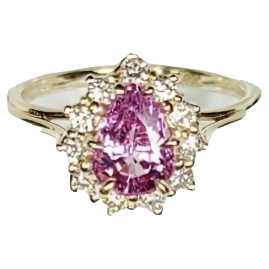 Bague en or 14 carats avec diamants et saphir rose naturel non chauffé de 1,37 carat, certifiée Cert