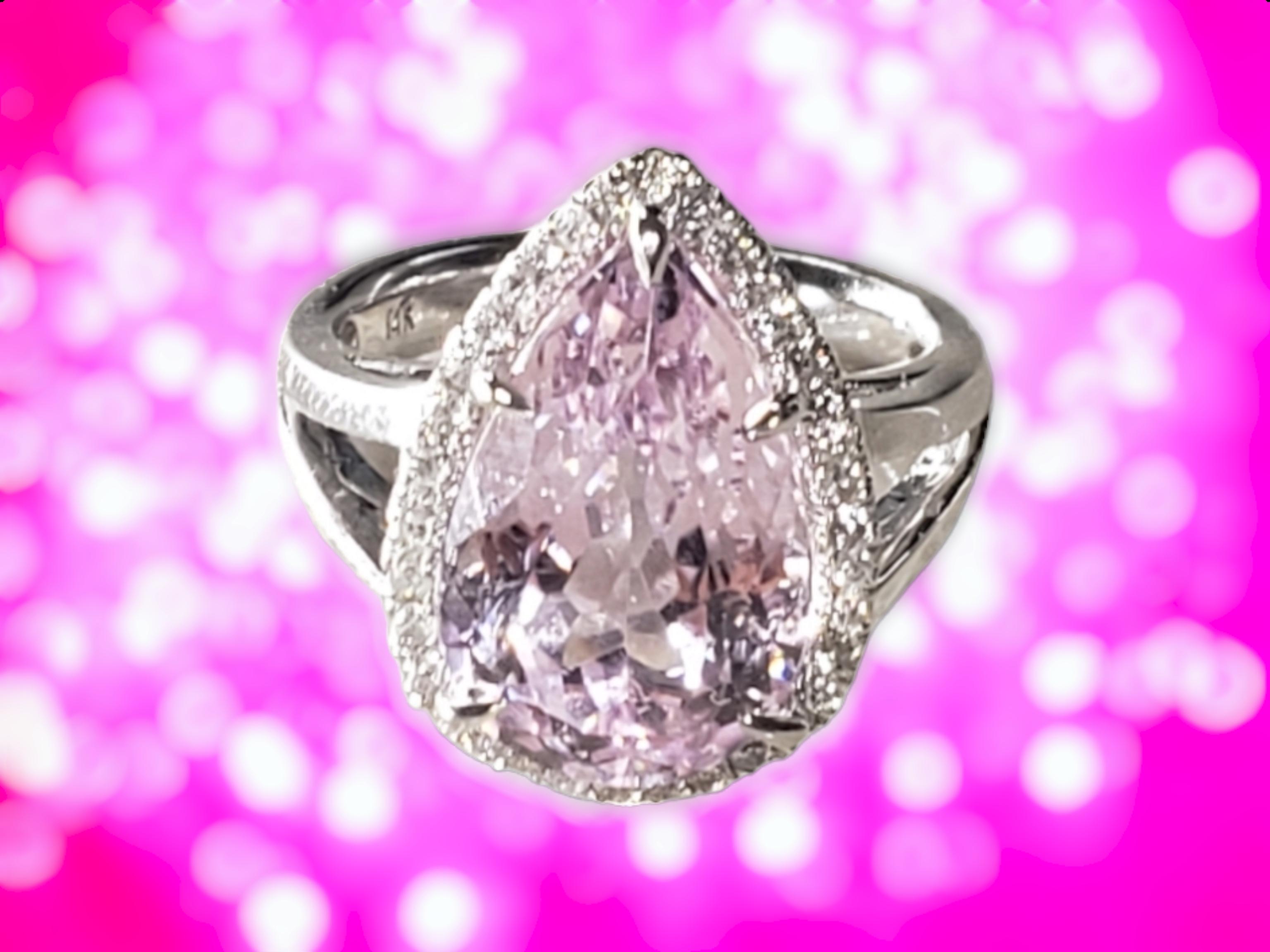 NEW CERTIFIED Natural Kunzite 7.83 Ct and Diamond Ring in 14k White Gold For Sale 5