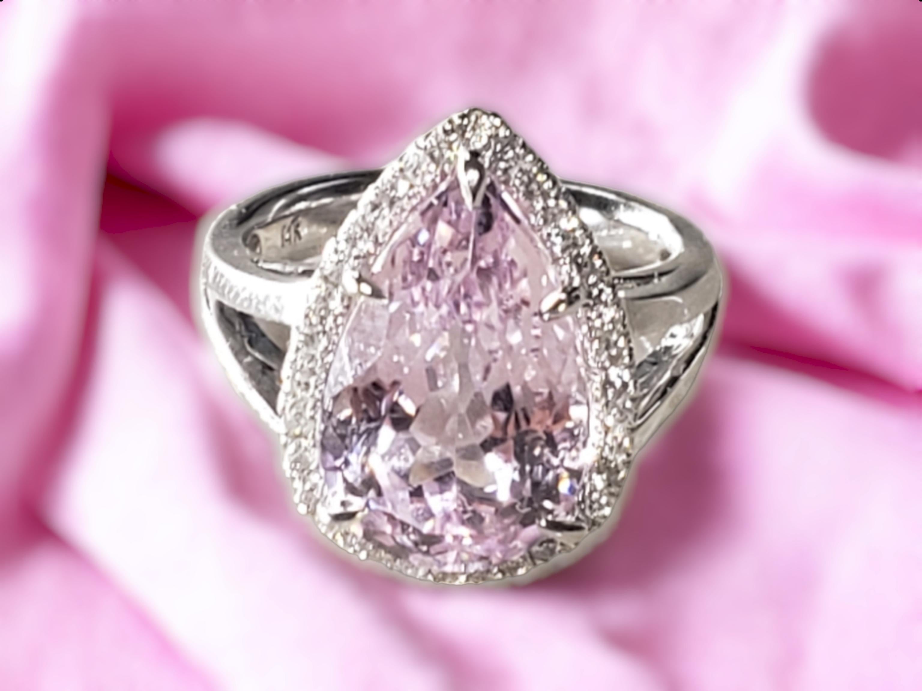 NEW CERTIFIED Natural Kunzite 7.83 Ct and Diamond Ring in 14k White Gold For Sale 6