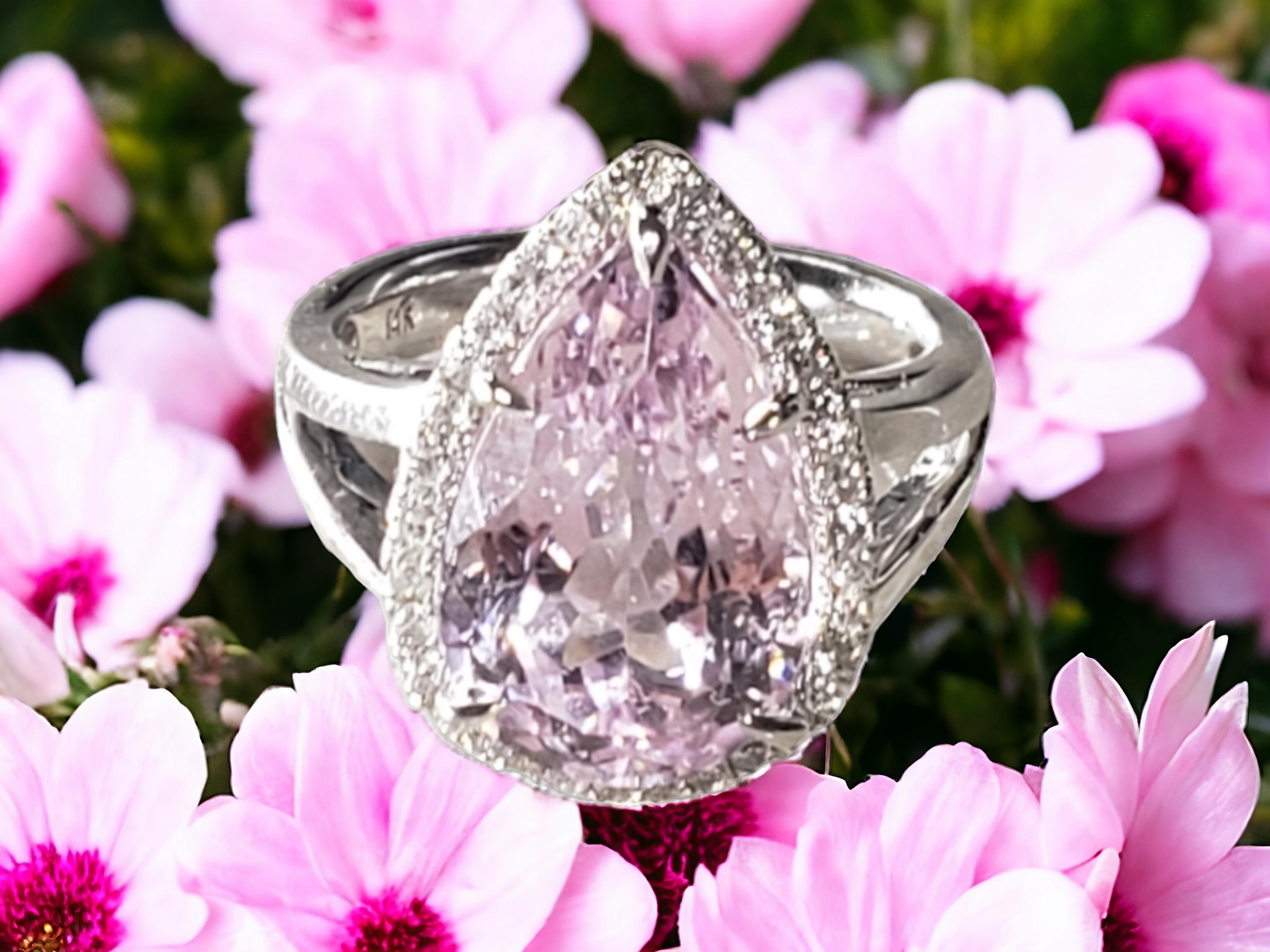 NEW CERTIFIED Natural Kunzite 7.83 Ct and Diamond Ring in 14k White Gold For Sale 7