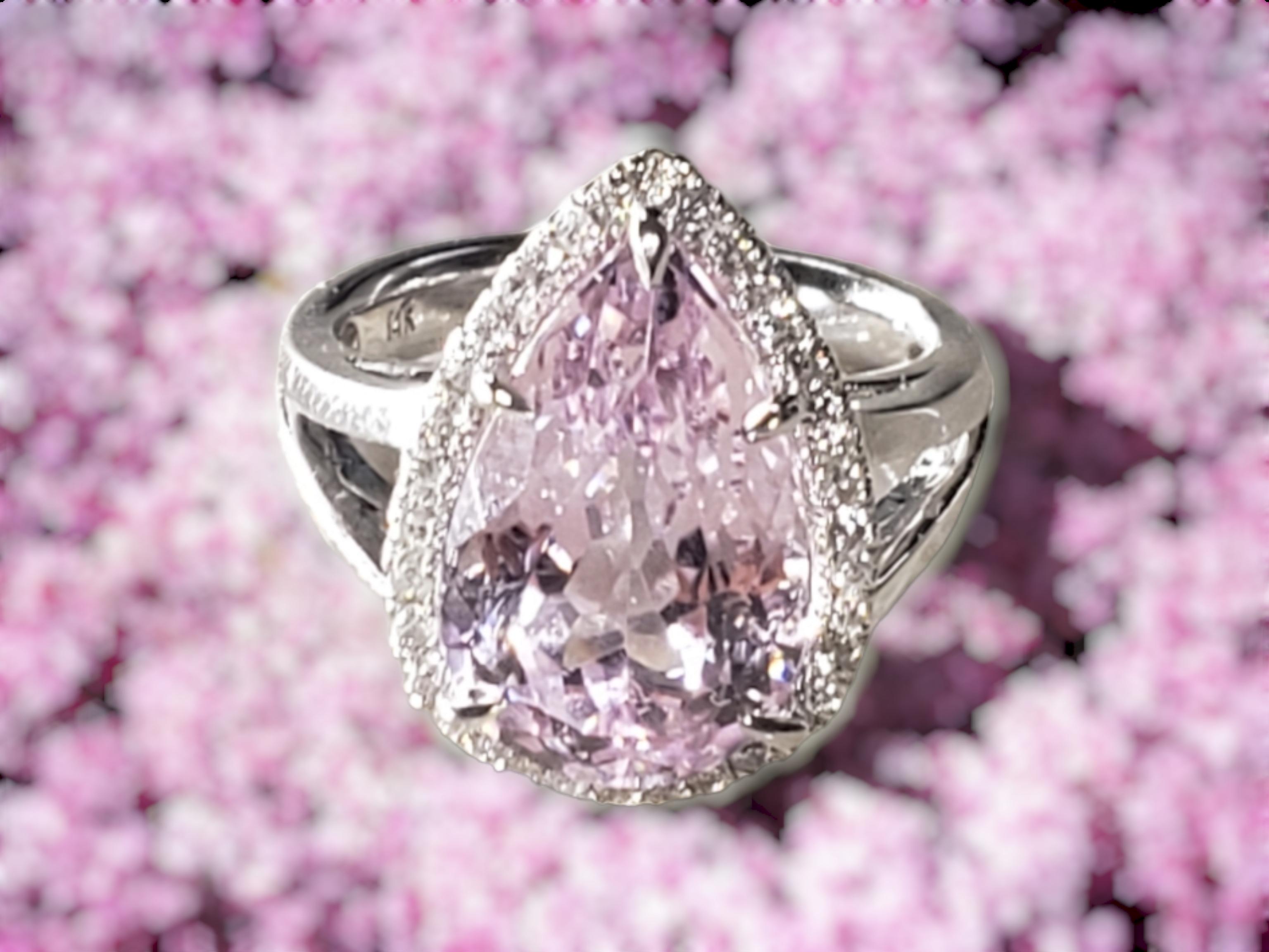 NEW CERTIFIED Natural Kunzite 7.83 Ct and Diamond Ring in 14k White Gold For Sale 8