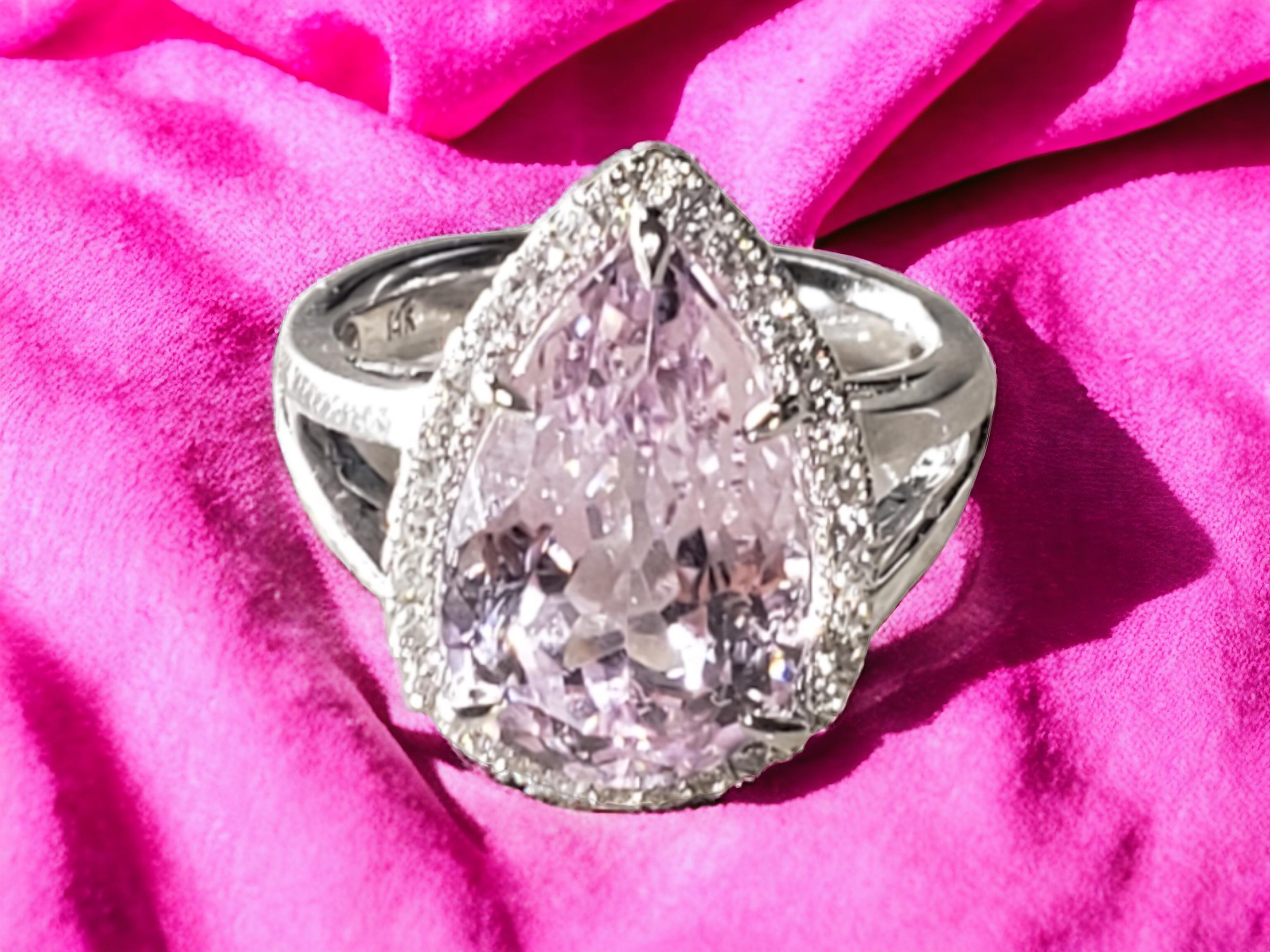 NEW CERTIFIED Natural Kunzite 7.83 Ct and Diamond Ring in 14k White Gold For Sale 9