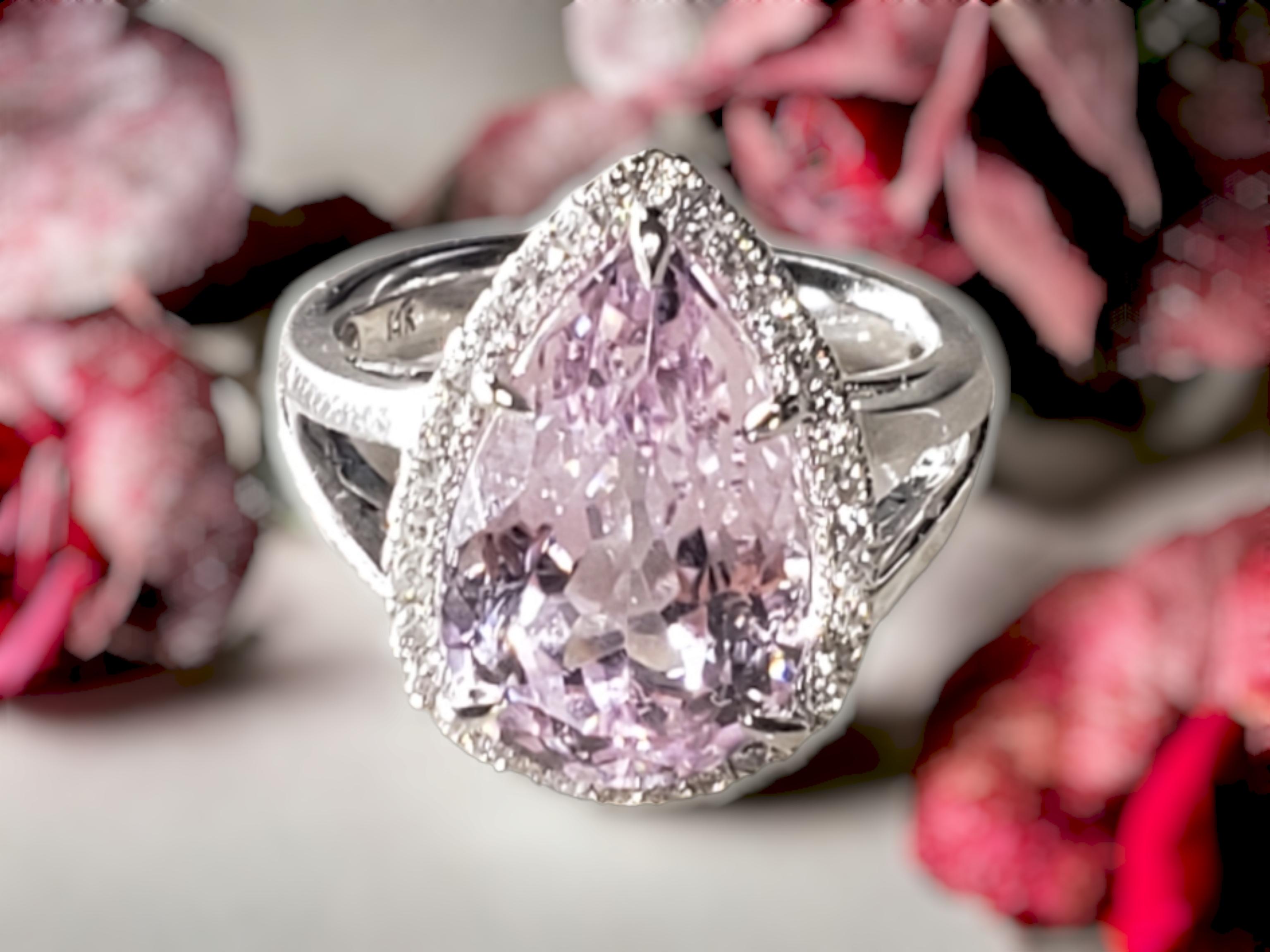 NEW CERTIFIED Natural Kunzite 7.83 Ct and Diamond Ring in 14k White Gold For Sale 11