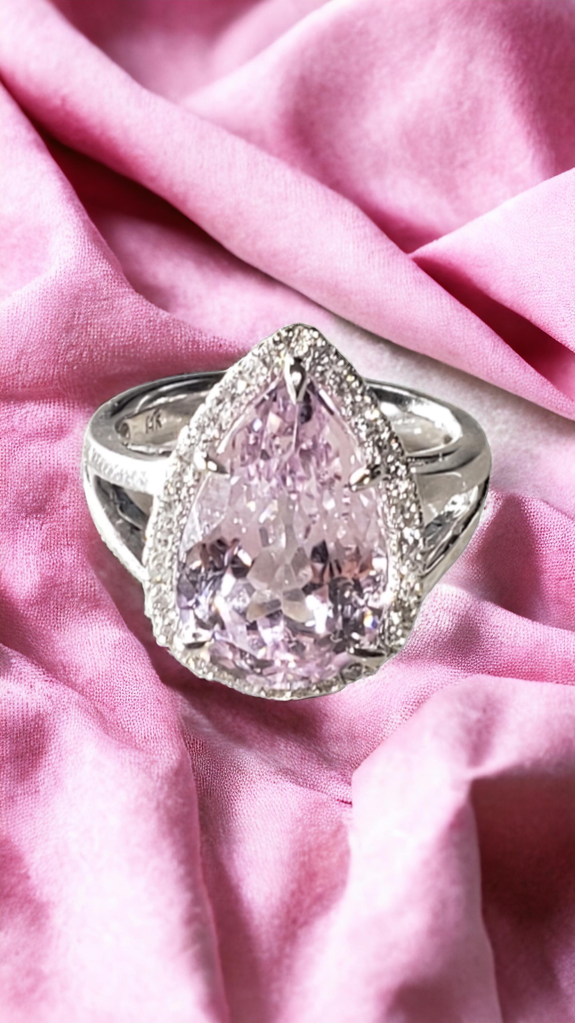 NEW CERTIFIED Natural Kunzite 7.83 Ct and Diamond Ring in 14k White Gold For Sale 12