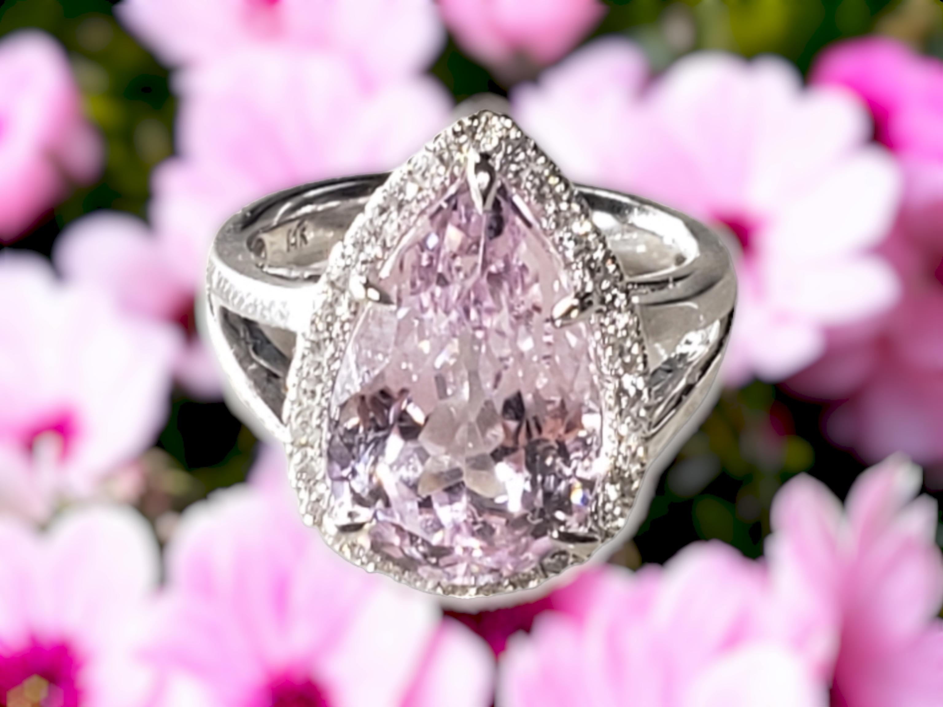 NEW CERTIFIED Natural Kunzite 7.83 Ct and Diamond Ring in 14k White Gold For Sale 13