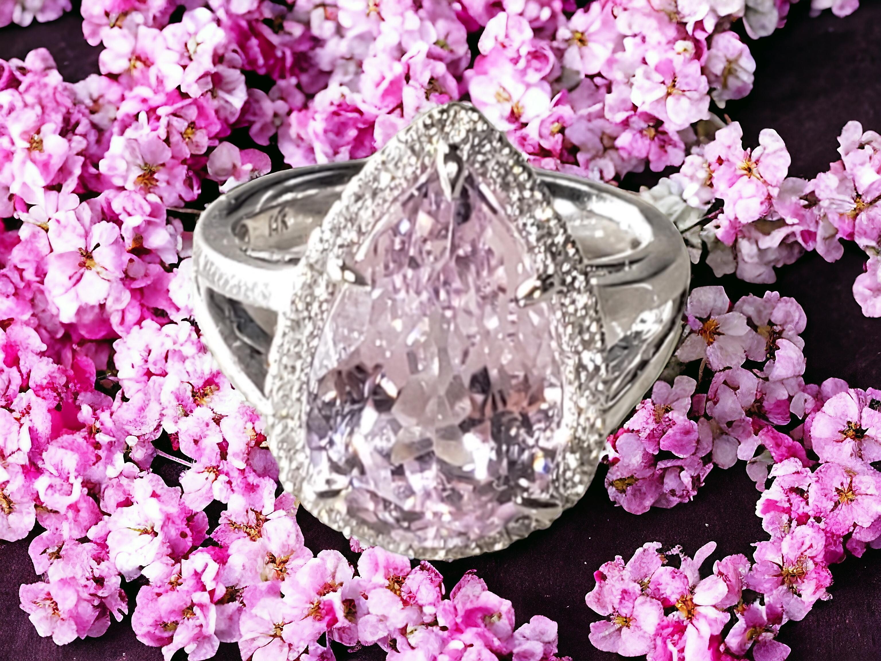 NEW CERTIFIED Natural Kunzite 7.83 Ct and Diamond Ring in 14k White Gold For Sale 14