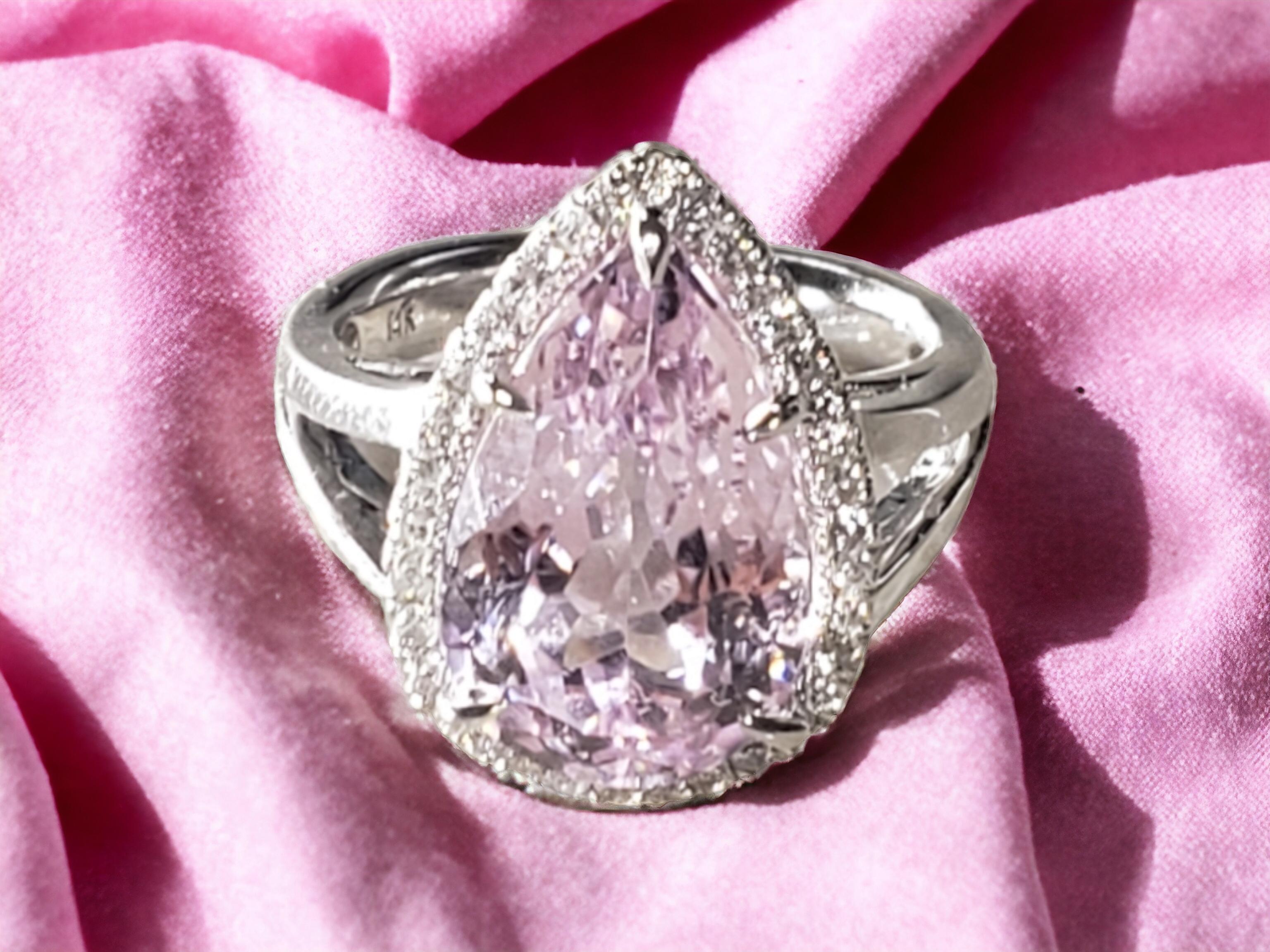 NEW CERTIFIED Natural Kunzite 7.83 Ct and Diamond Ring in 14k White Gold For Sale 4