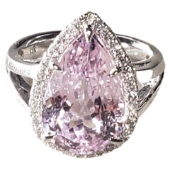 NUEVO CERTIFICADO Anillo de Kunzita Natural de 7,83 qt y Diamante en Oro Blanco de 14k