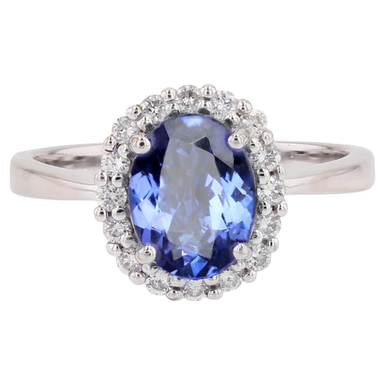 New Certified Tanzanite Diamonds 18 karat White Gold Daisy Ring For Sale
