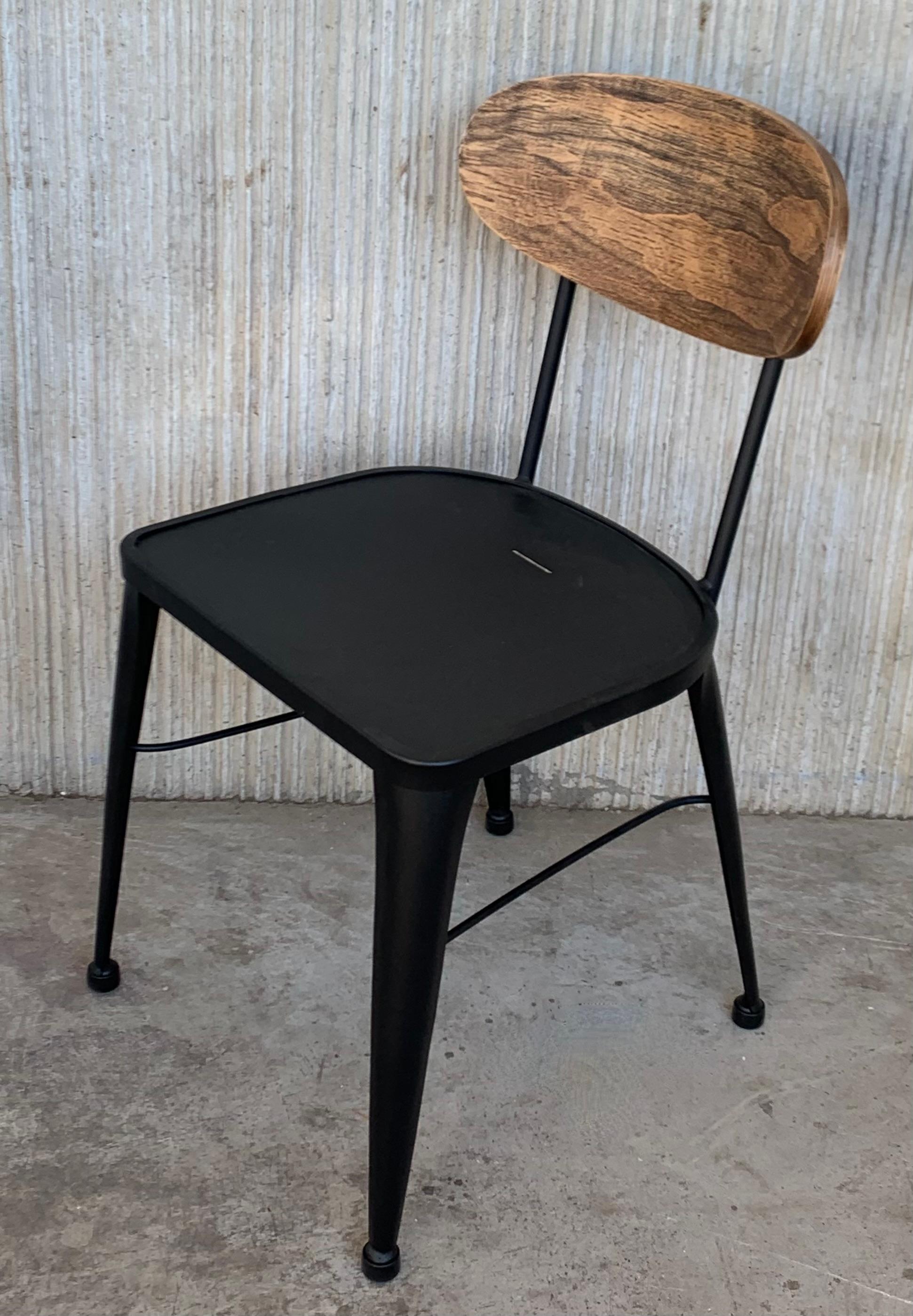 Contemporary New Chair in Wrought Iron with Wooden Back, Indoor and Outdoor For Sale