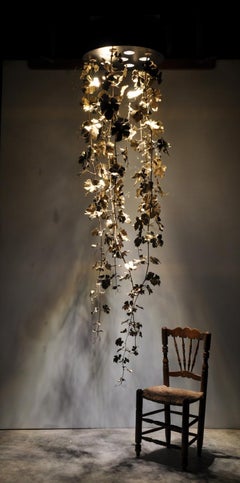New Chandelier Pendant Lamp in Bronze Featuring a Wine Leaves