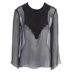 new CHANEL 07A black silk pleated placket tonal crystal button sheer blouse FR36