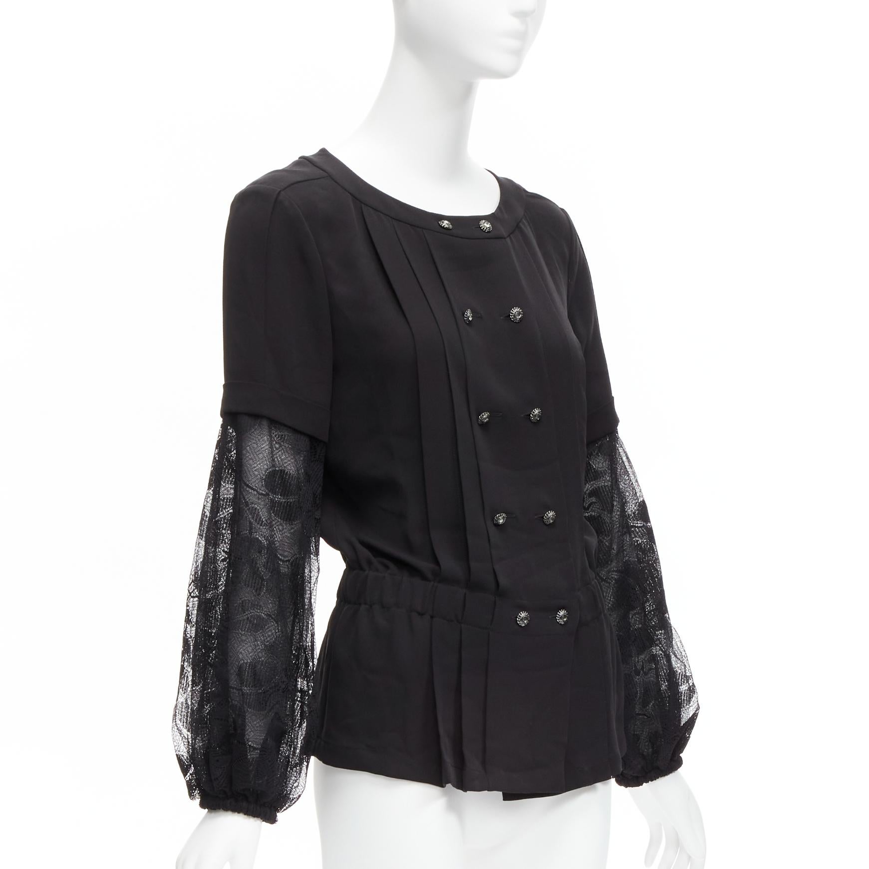 new CHANEL 13P 100% silk floral lace laye sleeves pleated jacket blouse FR36 S In New Condition For Sale In Hong Kong, NT