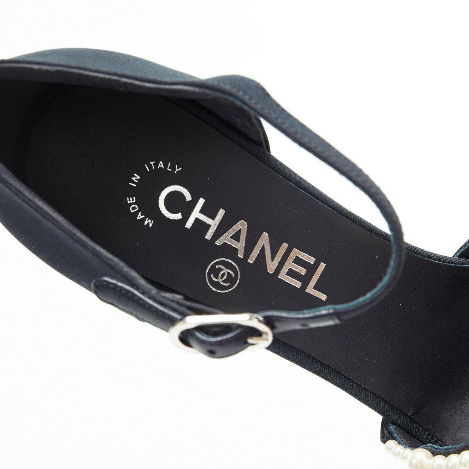 new CHANEL 17A navy multi pearl embellished CC satin toe ankle strap heels EU39 2