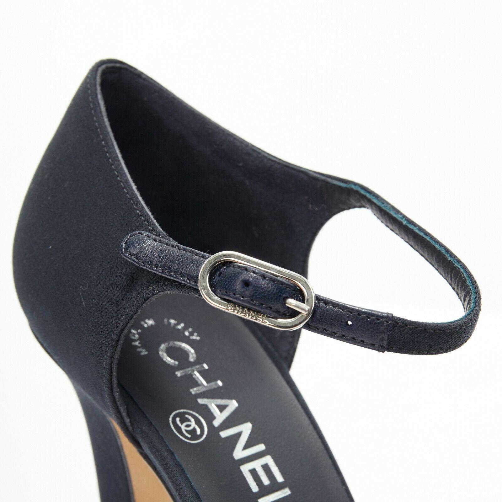 new CHANEL 17A navy multi pearl embellished CC satin toe ankle strap heels EU39 1